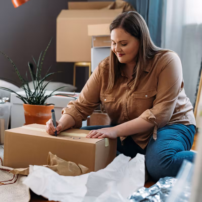 Woman sits on her floor surrounded by packing boxes as she labels one box with a sharpie ahead of a move. 
